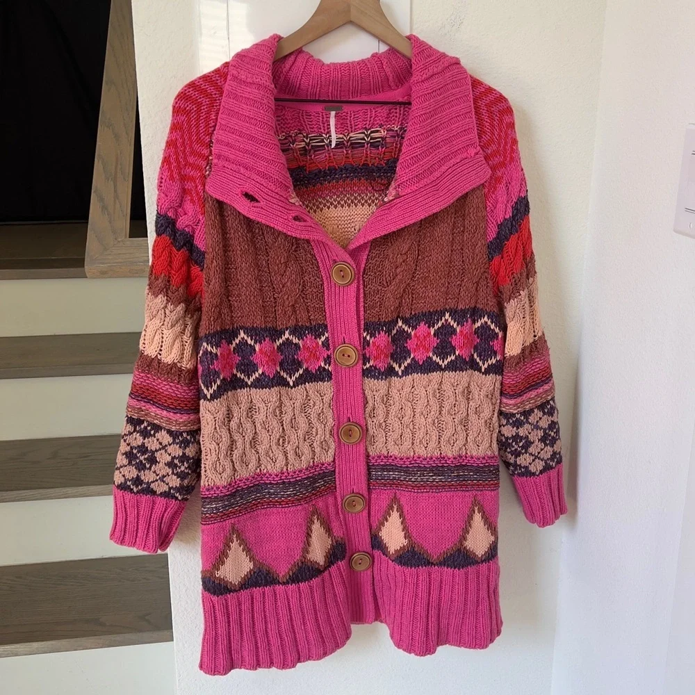 Free People Argyle Smile Cardigan in Pink